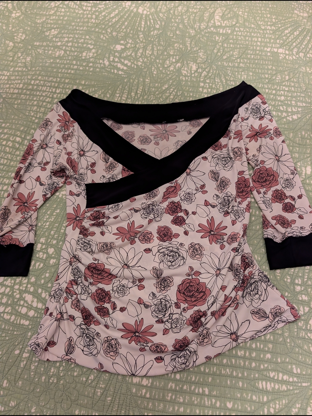 Floral Wrap-Style Women's Top in Dusty Rose and Black